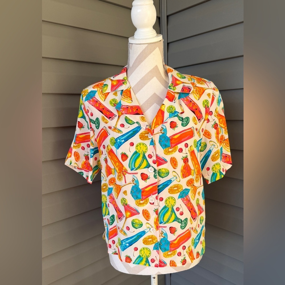 VTG 80s Ann May Silk Blouse Cocktail Button Up Short Sleeve Sz XS
